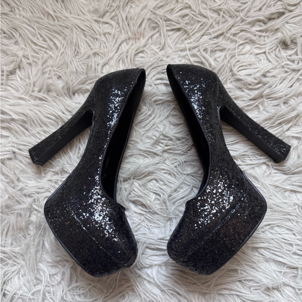 Elegant Black Glitter Platform Heels